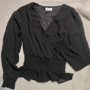 Smocked Waist Chiffon V Neck Wrap Blouse